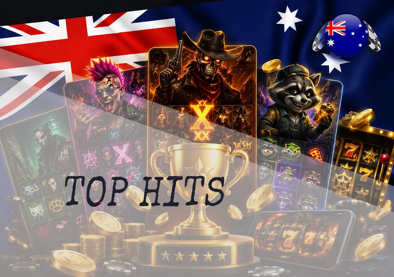 Top Hacksaw Gaming pokie hits for Australian players with dark game cards, multipliers, coins, and ranking