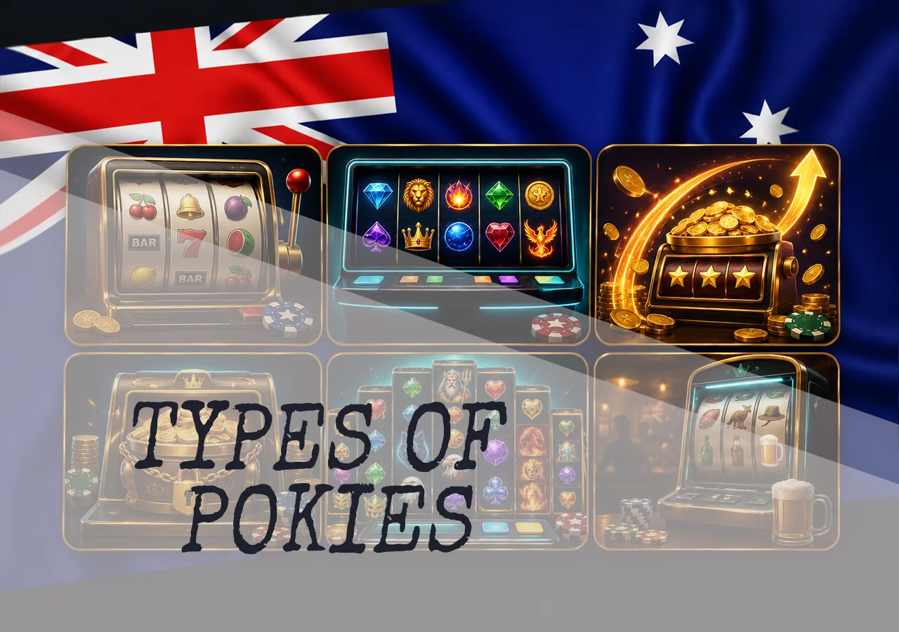 Popular real money pokie types in Australia, including classic machines, video slots, jackpots, and Megaways